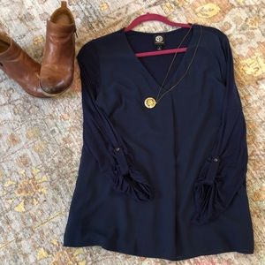 Bobeau navy drape front blouse